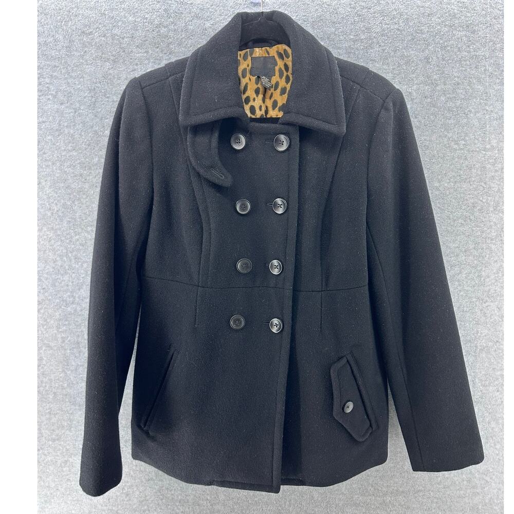 Lucky Brand Women's sz M Black Wool Peacoat Y2K Cheetah Print